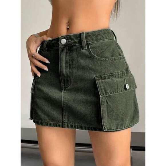 SHEIN Dresses & Skirts - SHEIN EZwear Women's Summer Solid Color Cargo Denim Skirt Army Green Size XS 2